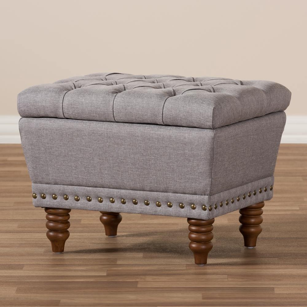 Modern and Contemporary Light Grey Fabric Walnut Wood Finished, Button-Tufted Storage Ottoman FredCo