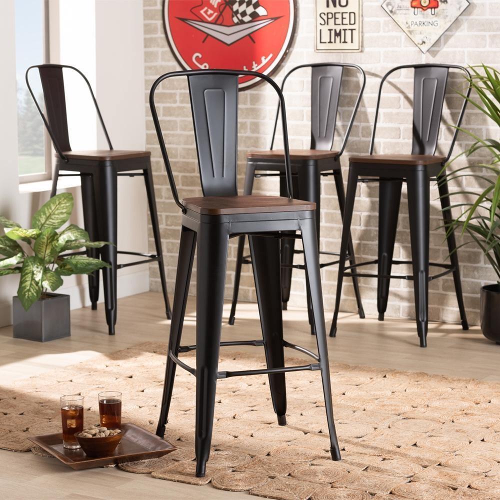 Modern Industrial Black Metal and Walnut Brown Finished Wood 4-Piece Bar Stool Set FredCo