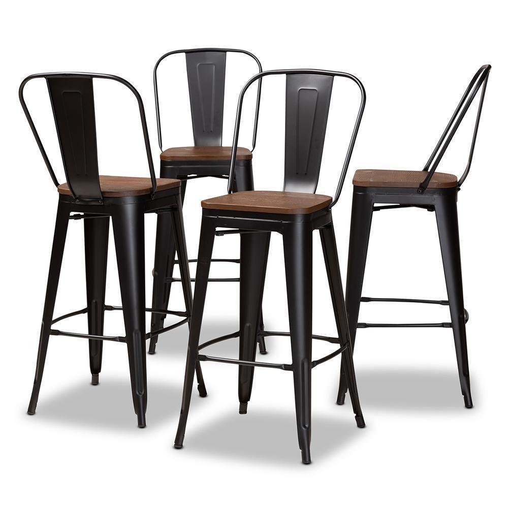Modern Industrial Black Metal and Walnut Brown Finished Wood 4-Piece Bar Stool Set FredCo