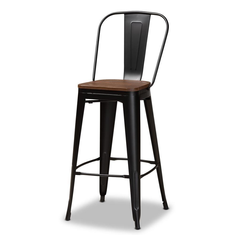 Modern Industrial Black Metal and Walnut Brown Finished Wood 4-Piece Bar Stool Set FredCo