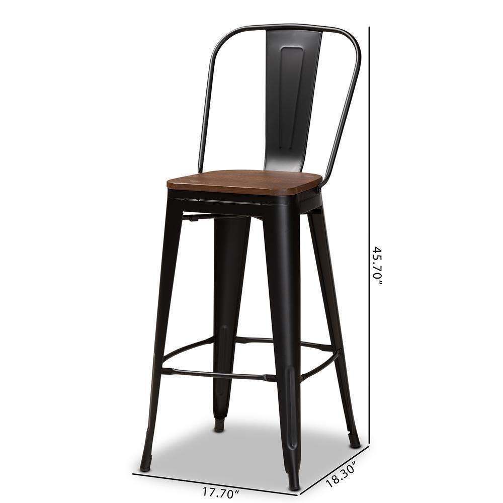 Modern Industrial Black Metal and Walnut Brown Finished Wood 4-Piece Bar Stool Set FredCo