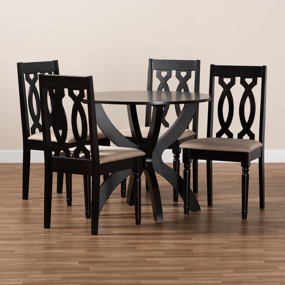Mona Modern and Contemporary Sand Fabric Upholstered and Dark Brown Finished Wood 5-Piece Dining Set FredCo