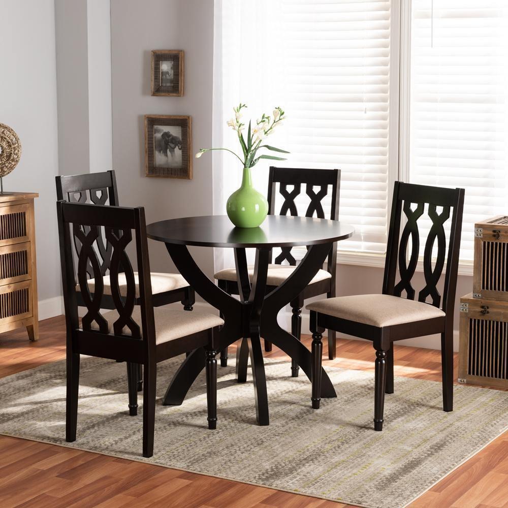 Mona Modern and Contemporary Sand Fabric Upholstered and Dark Brown Finished Wood 5-Piece Dining Set FredCo