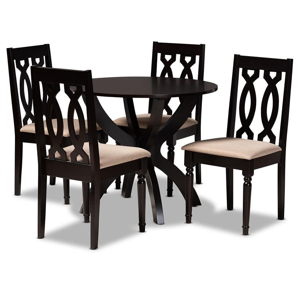 Mona Modern and Contemporary Sand Fabric Upholstered and Dark Brown Finished Wood 5-Piece Dining Set FredCo