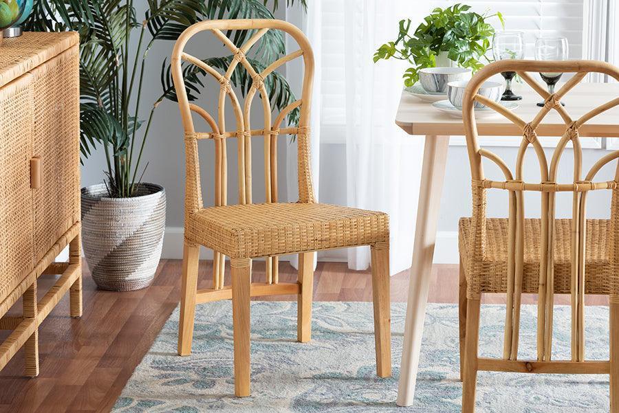 Monaco Modern Bohemian Oak Brown Finished Mahogany Wood and Natural Rattan Dining Chair FredCo