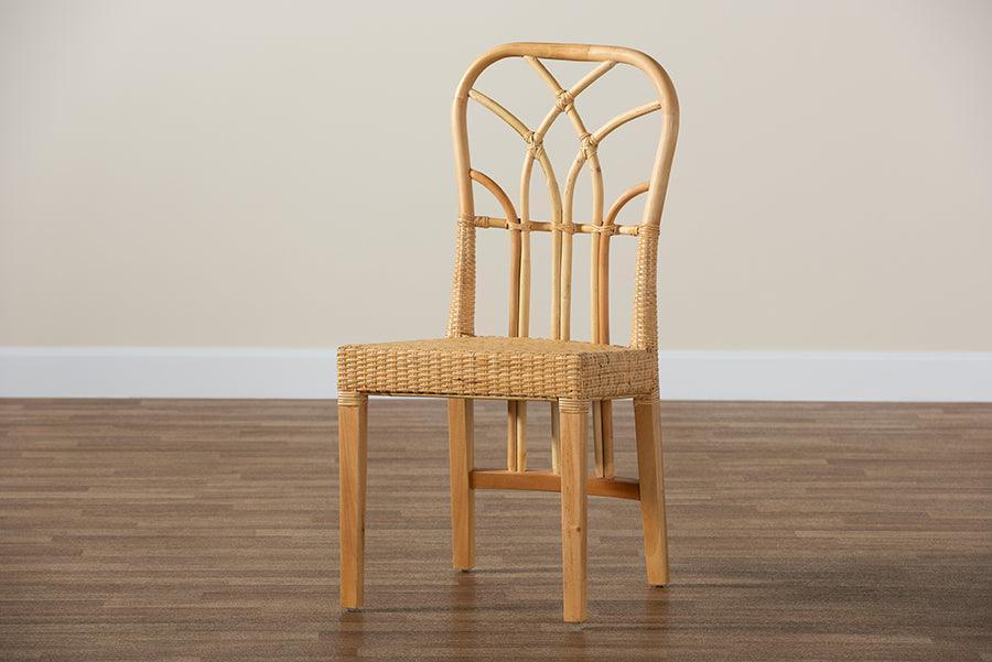 Monaco Modern Bohemian Oak Brown Finished Mahogany Wood and Natural Rattan Dining Chair FredCo