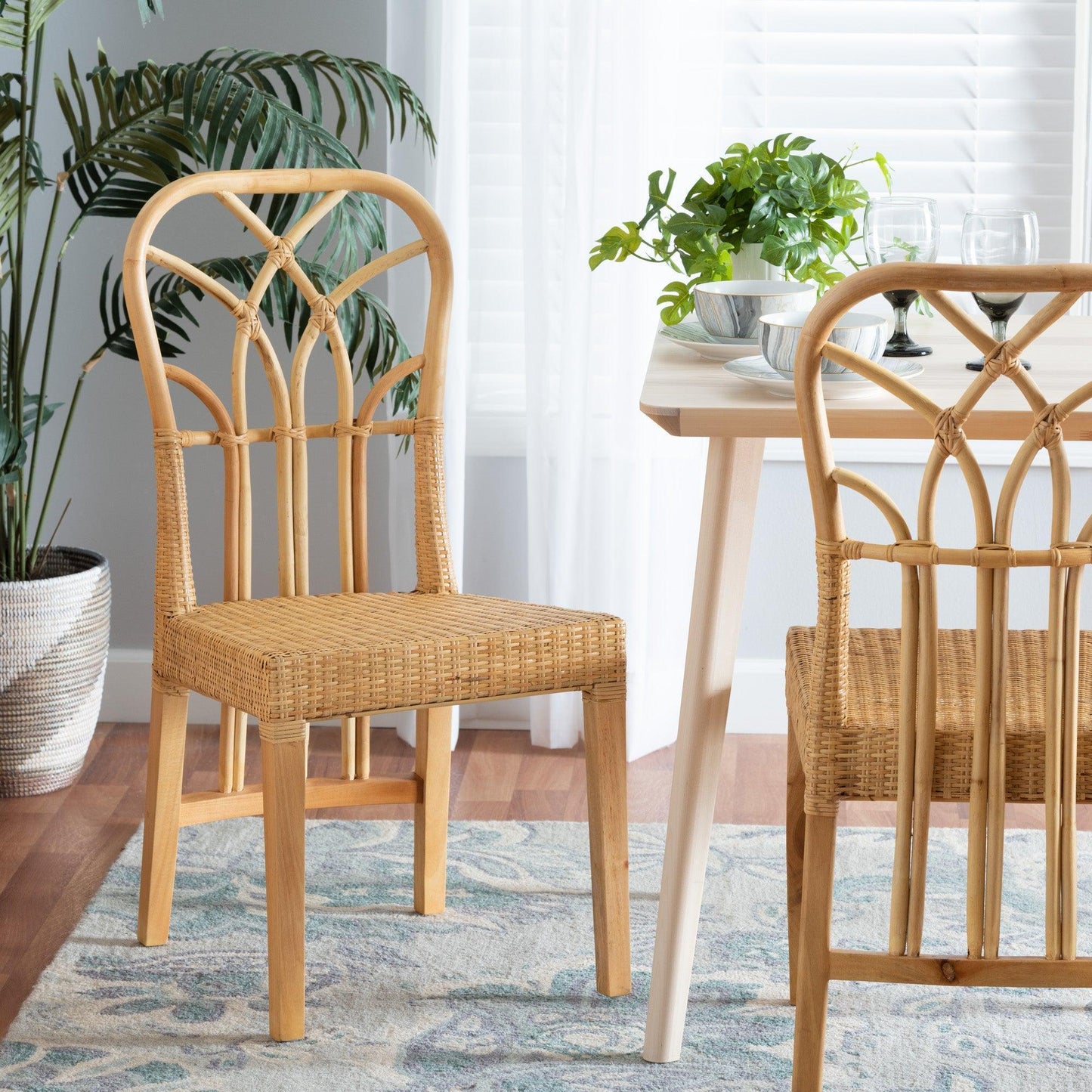 Monaco Modern Bohemian Oak Brown Finished Mahogany Wood and Natural Rattan Dining Chair FredCo