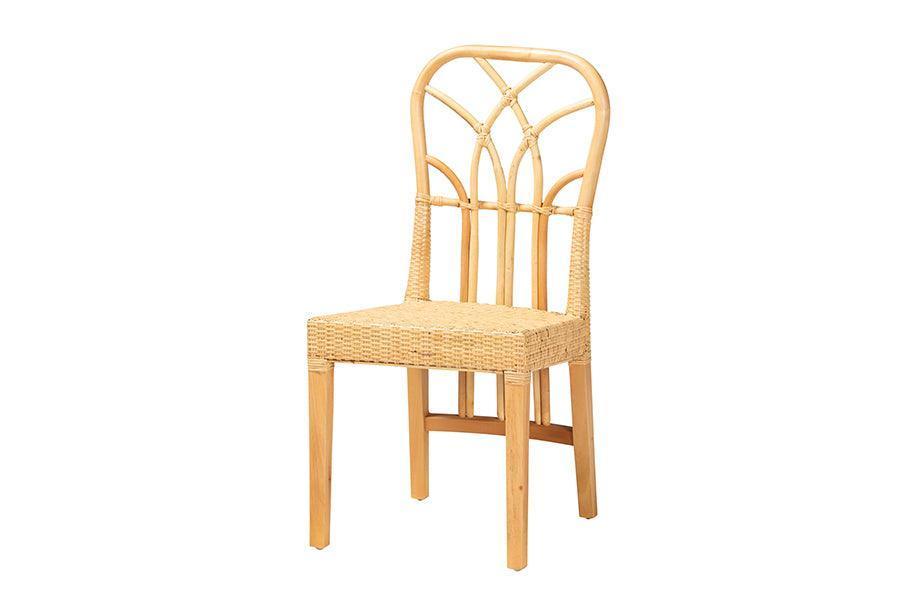 Monaco Modern Bohemian Oak Brown Finished Mahogany Wood and Natural Rattan Dining Chair FredCo