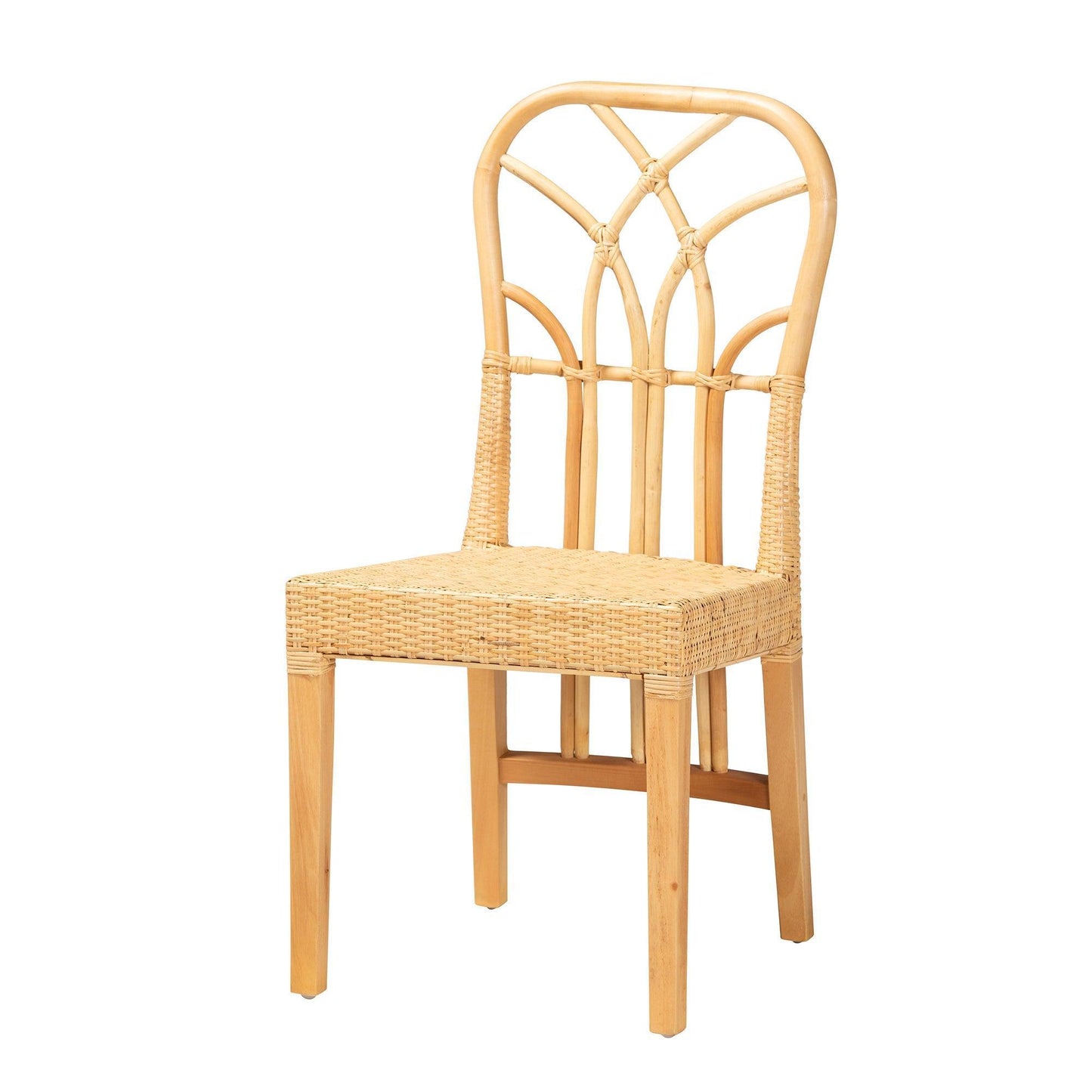Monaco Modern Bohemian Oak Brown Finished Mahogany Wood and Natural Rattan Dining Chair FredCo