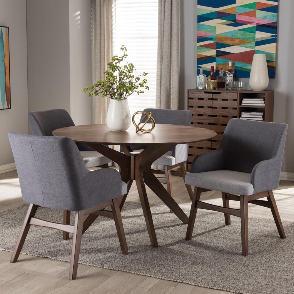 Monte Mid-Century Modern Walnut Wood Round 5-Piece Dining Set FredCo