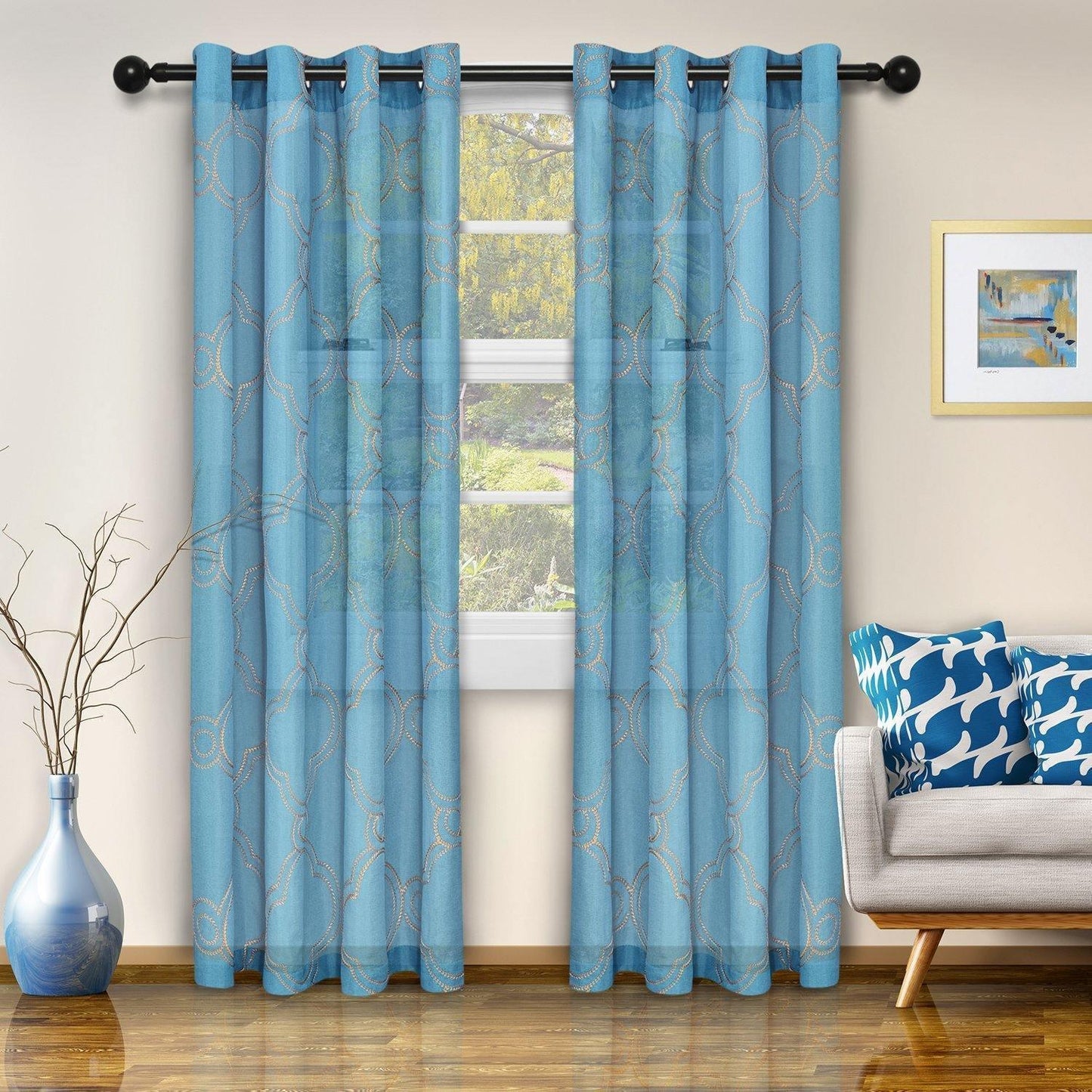 Moroccan Diffused Light Embroidered Trellis Semi-Sheer Curtain Set FredCo