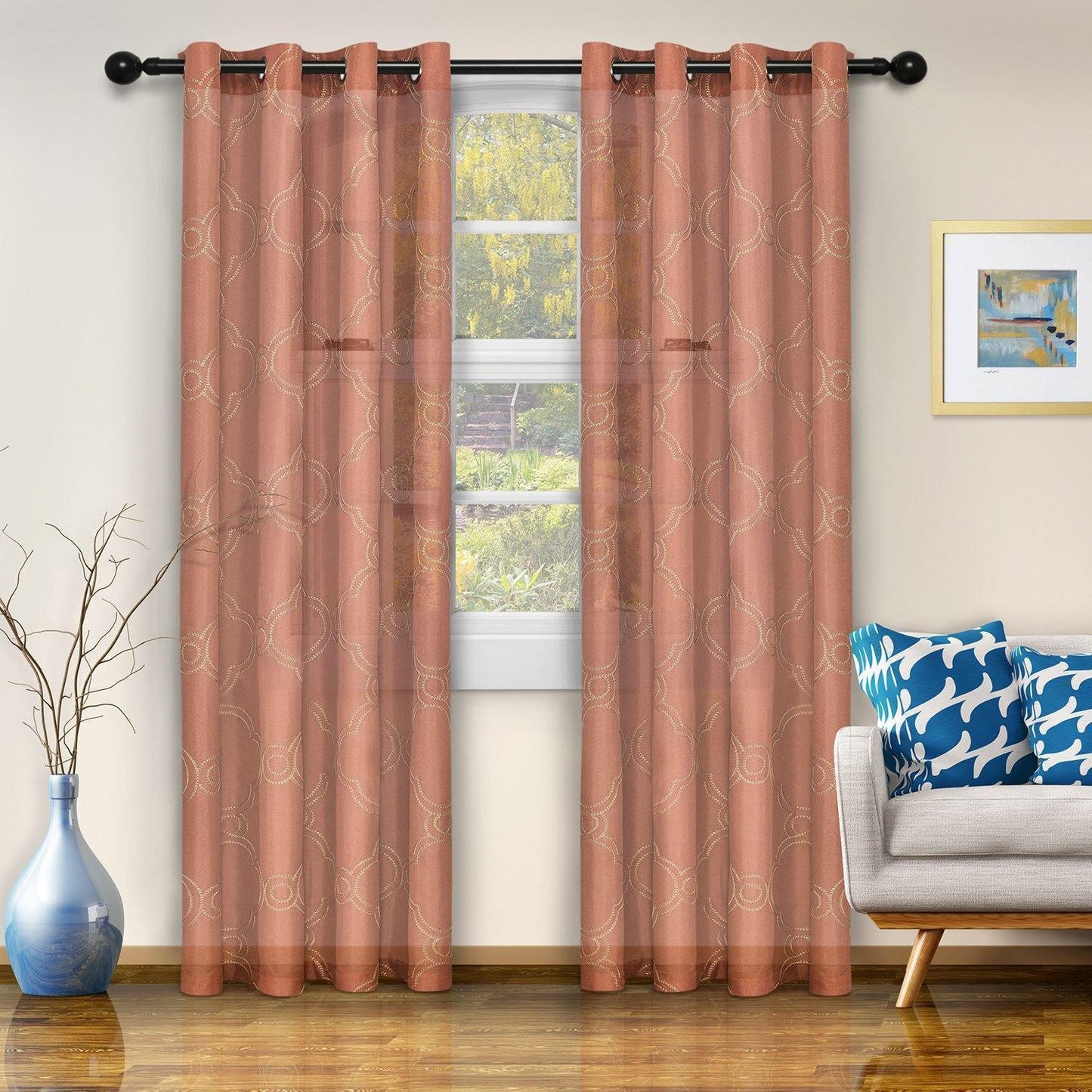 Moroccan Diffused Light Embroidered Trellis Semi-Sheer Curtain Set FredCo