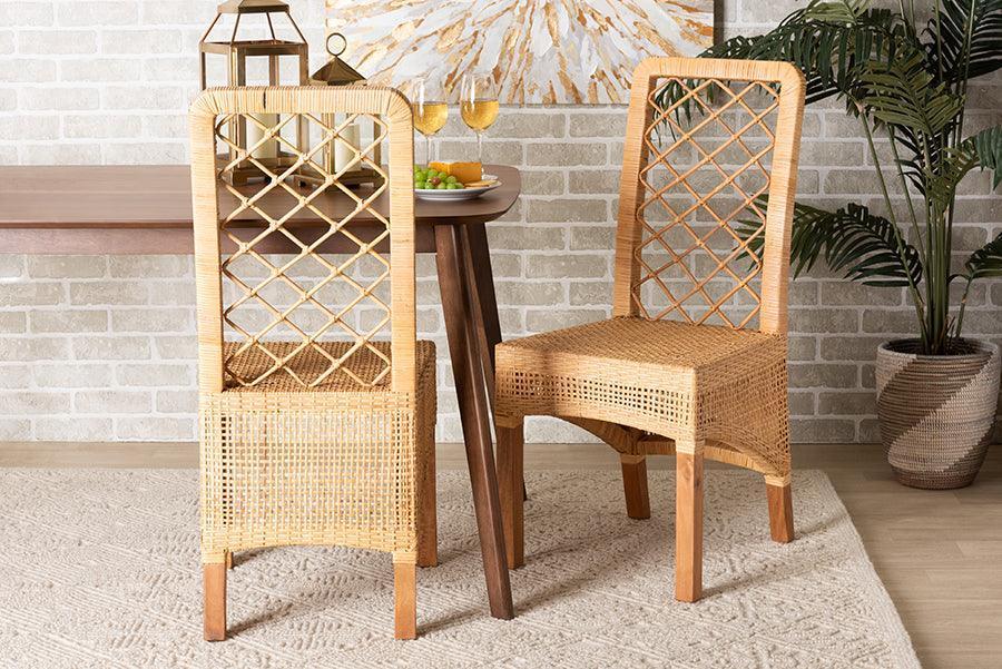 Moscow Modern Bohemian Natural Brown Rattan and Walnut Brown Finished Wood 2-Piece Dining Chair Set FredCo