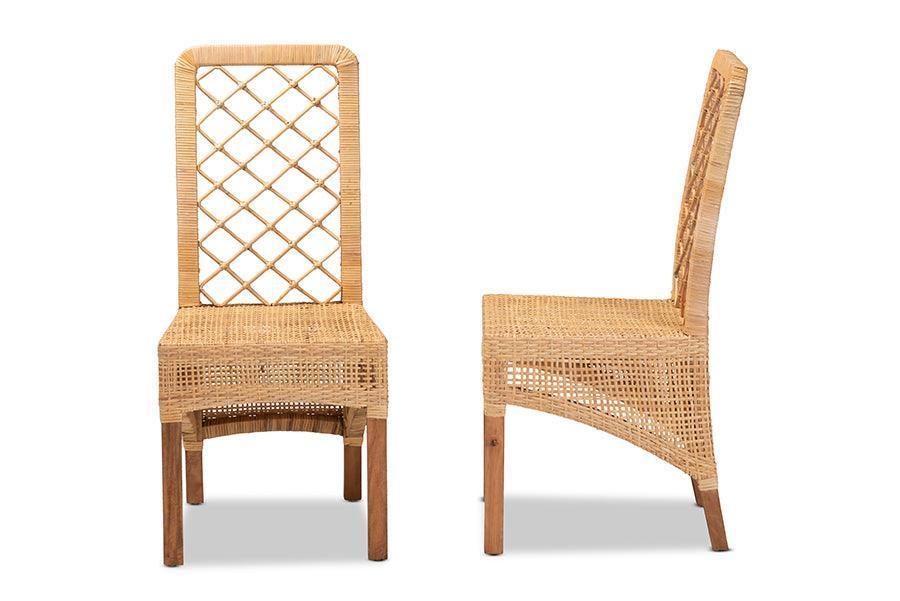 Moscow Modern Bohemian Natural Brown Rattan and Walnut Brown Finished Wood 2-Piece Dining Chair Set FredCo