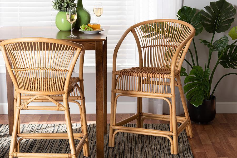 Murai Modern Bohemian Natural Brown Rattan Counter Stool FredCo