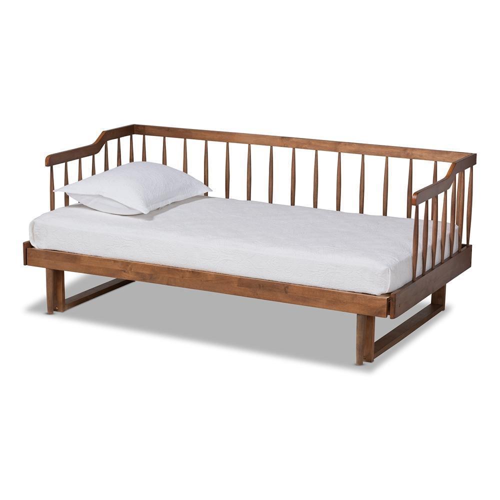Muriel Modern and Transitional Walnut Brown Finished Wood Expandable Twin Size to King Size Spindle Daybed FredCo