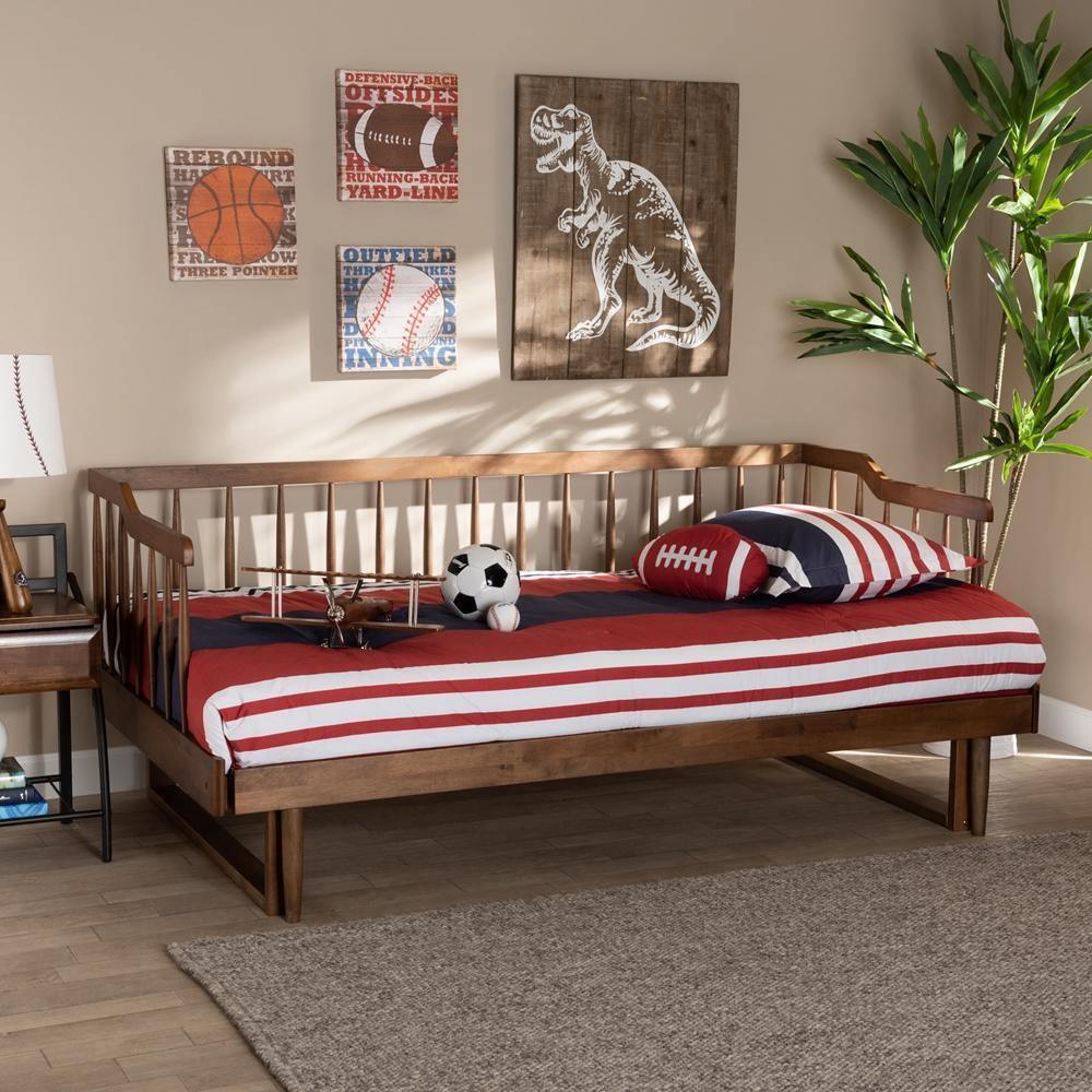 Muriel Modern and Transitional Walnut Brown Finished Wood Expandable Twin Size to King Size Spindle Daybed FredCo