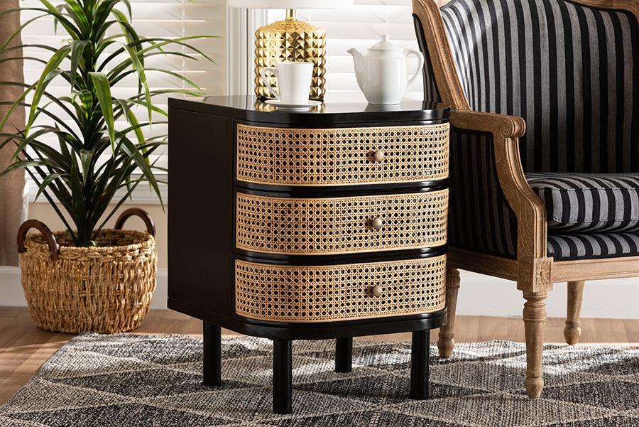 Nabila Modern Bohemian Black Bayur Wood and Natural Rattan 3-Drawer End Table Nightstand FredCo