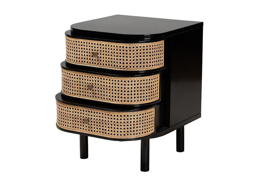 Nabila Modern Bohemian Black Bayur Wood and Natural Rattan 3-Drawer End Table Nightstand FredCo
