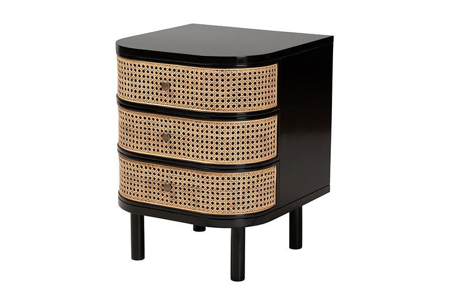 Nabila Modern Bohemian Black Bayur Wood and Natural Rattan 3-Drawer End Table Nightstand FredCo