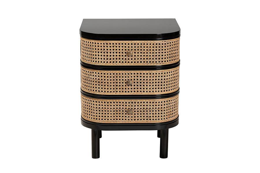 Nabila Modern Bohemian Black Bayur Wood and Natural Rattan 3-Drawer End Table Nightstand FredCo