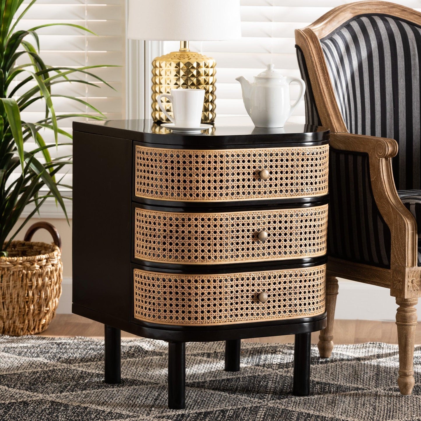 Nabila Modern Bohemian Black Bayur Wood and Natural Rattan 3-Drawer End Table Nightstand FredCo
