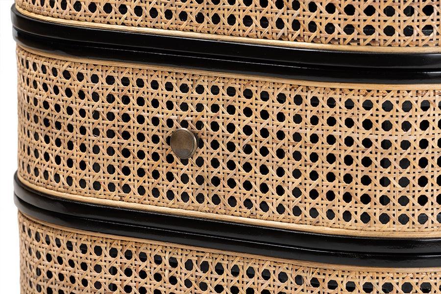 Nabila Modern Bohemian Black Bayur Wood and Natural Rattan 3-Drawer End Table Nightstand FredCo