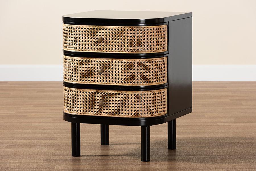 Nabila Modern Bohemian Black Bayur Wood and Natural Rattan 3-Drawer End Table Nightstand FredCo