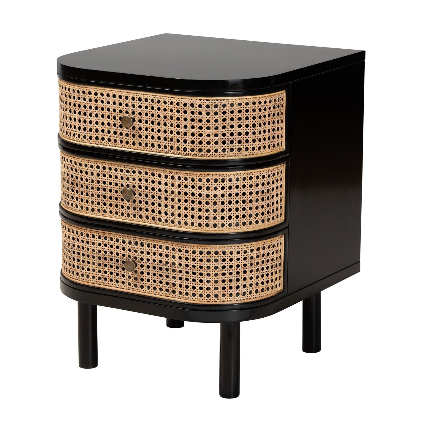 Nabila Modern Bohemian Black Bayur Wood and Natural Rattan 3-Drawer End Table Nightstand FredCo