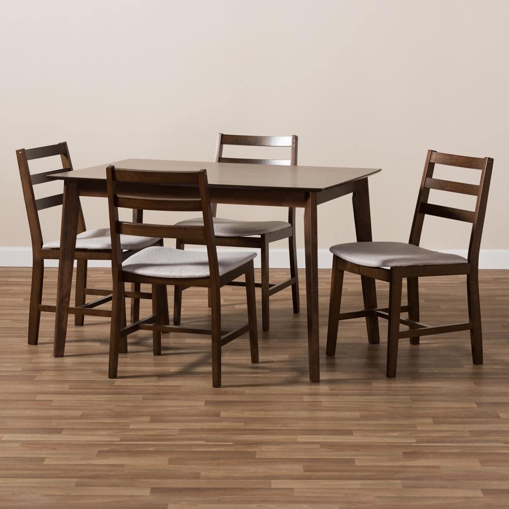 Nadine Modern and Contemporary Walnut-Finished Light Grey Fabric Upholstered 5-Piece Dining Set FredCo