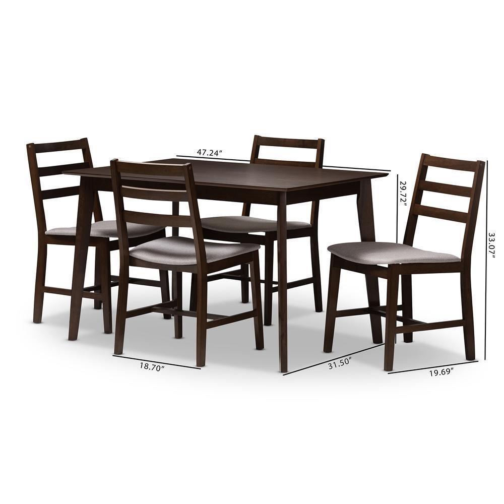 Nadine Modern and Contemporary Walnut-Finished Light Grey Fabric Upholstered 5-Piece Dining Set FredCo