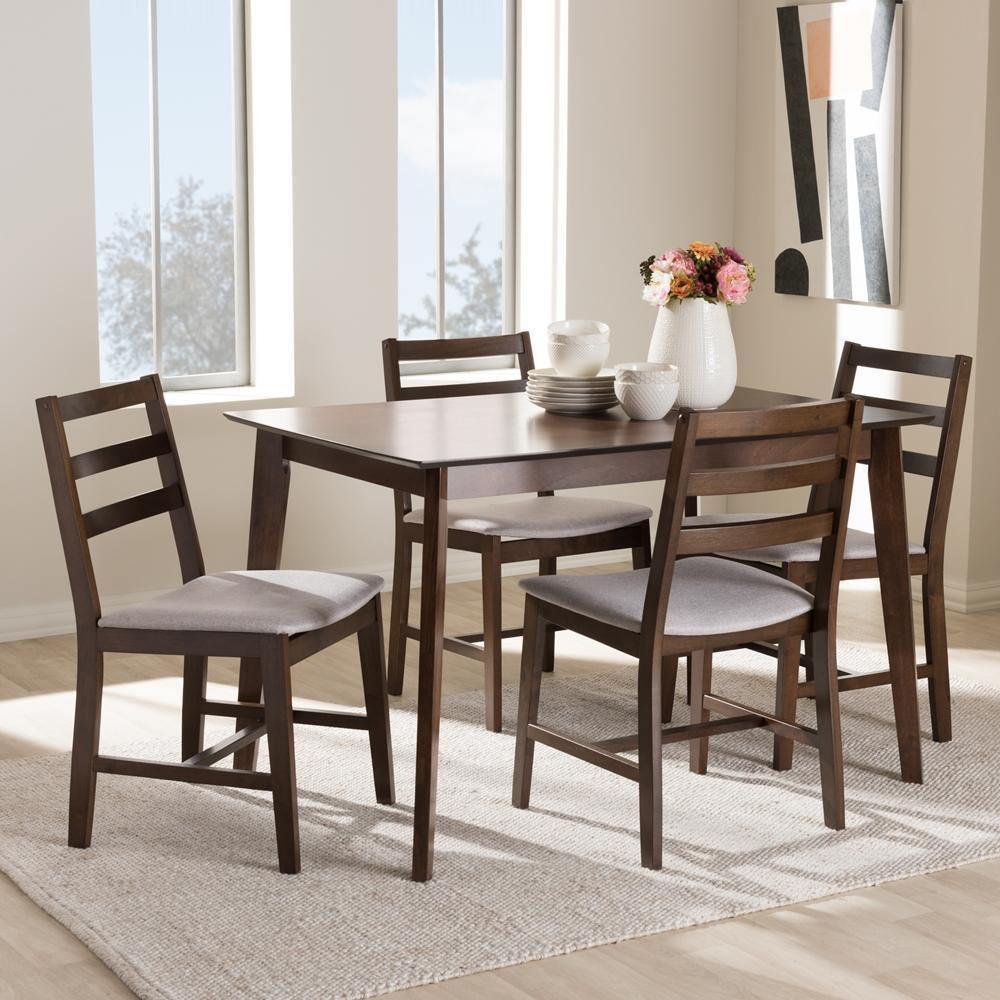 Nadine Modern and Contemporary Walnut-Finished Light Grey Fabric Upholstered 5-Piece Dining Set FredCo