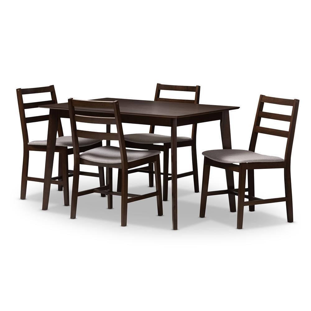 Nadine Modern and Contemporary Walnut-Finished Light Grey Fabric Upholstered 5-Piece Dining Set FredCo