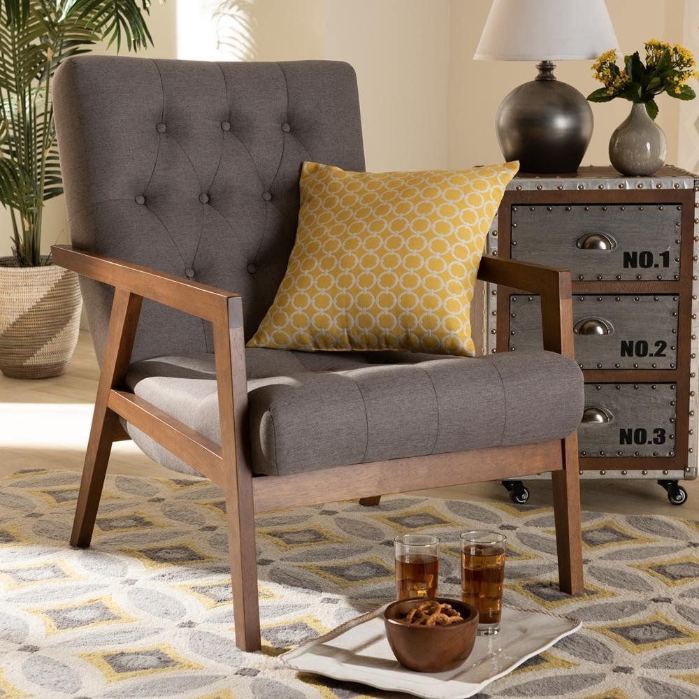 Naeva Mid-Century Modern Grey Fabric Upholstered Walnut Finished Wood Armchair FredCo