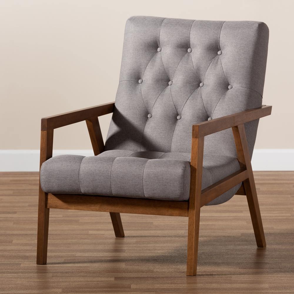 Naeva Mid-Century Modern Grey Fabric Upholstered Walnut Finished Wood Armchair FredCo
