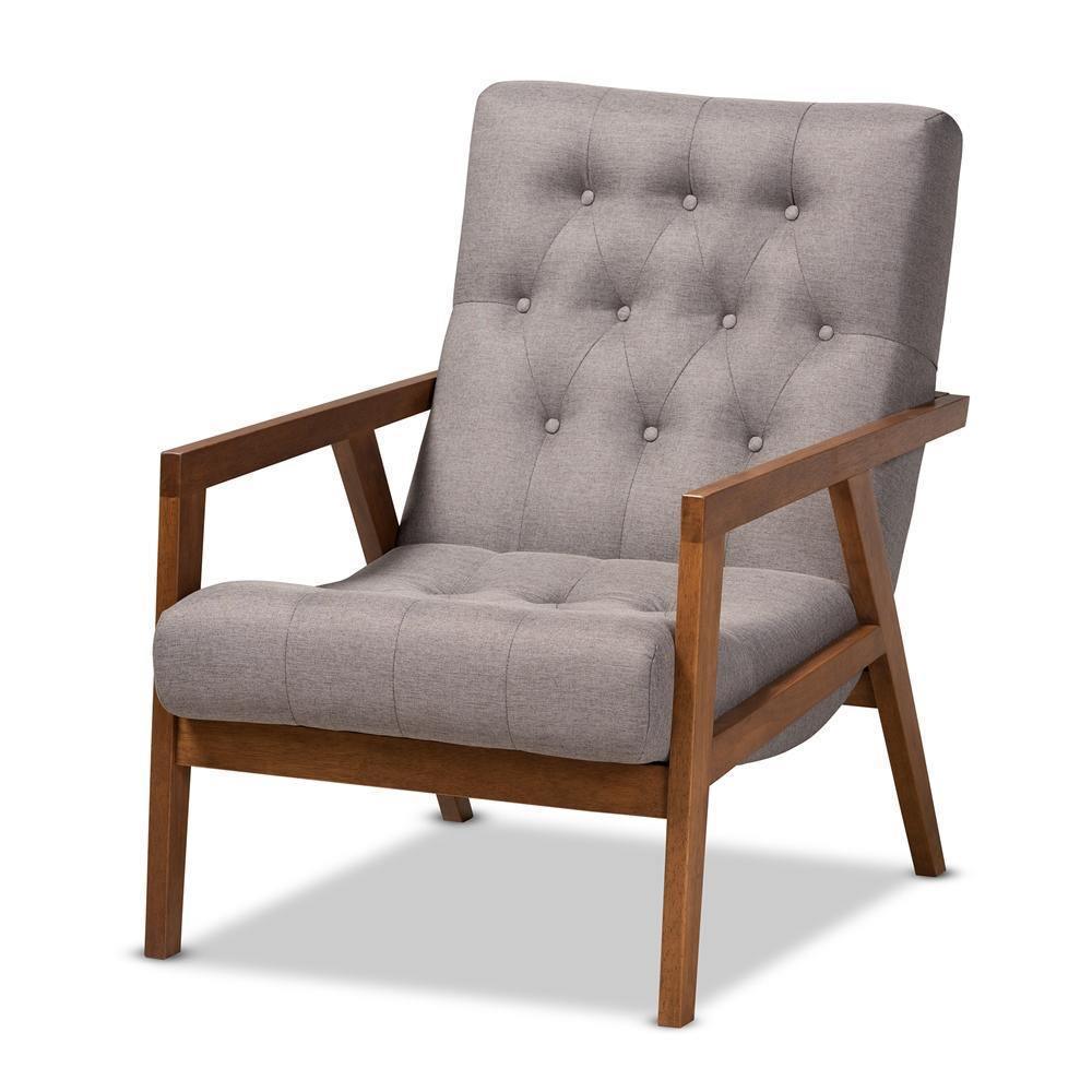 Naeva Mid-Century Modern Grey Fabric Upholstered Walnut Finished Wood Armchair FredCo
