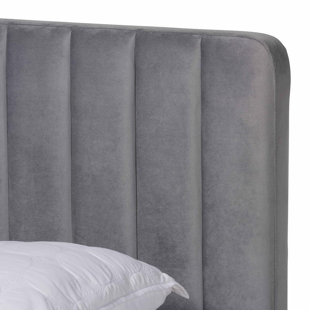 Nami Modern Contemporary Glam and Luxe Light Grey Velvet Fabric Upholstered and Gold Finished Queen Size Platform Bed FredCo
