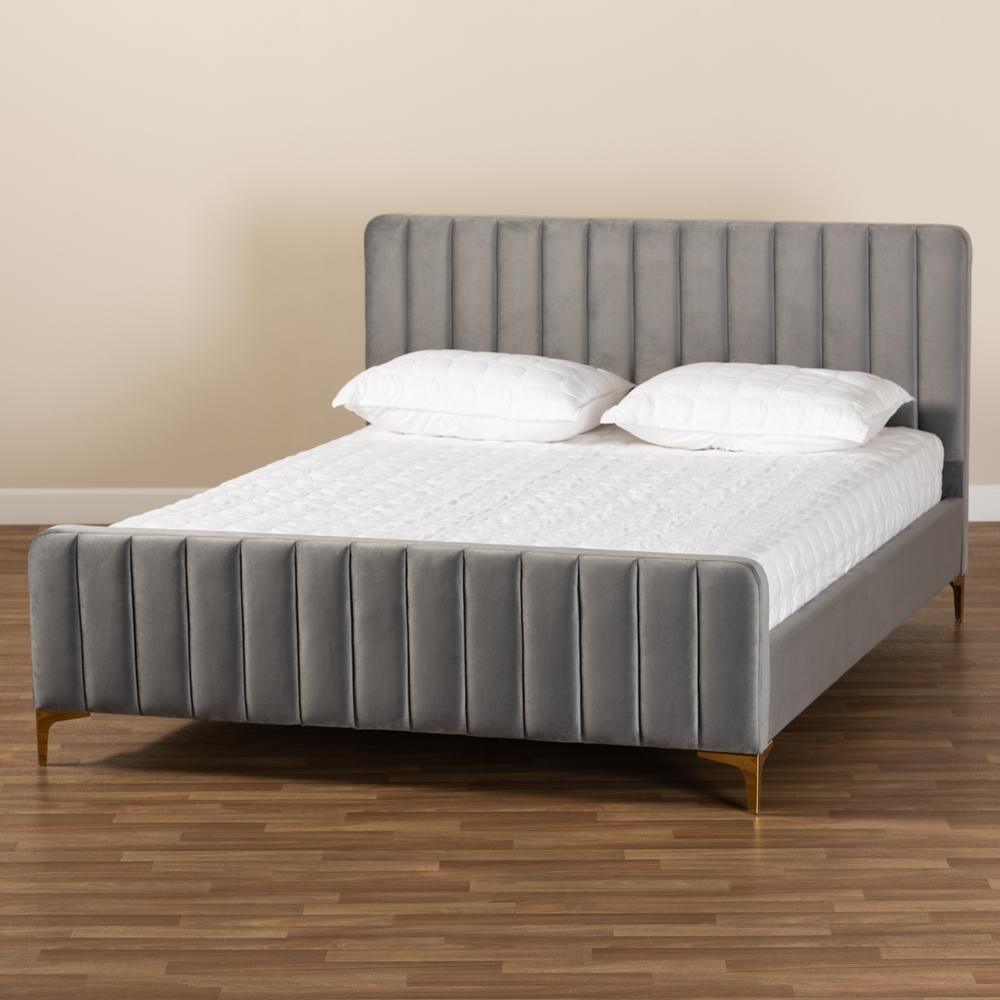 Nami Modern Contemporary Glam and Luxe Light Grey Velvet Fabric Upholstered and Gold Finished Queen Size Platform Bed FredCo