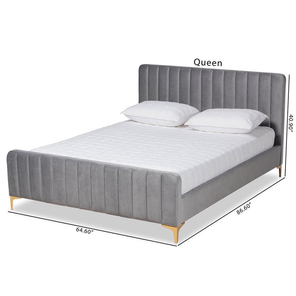 Nami Modern Contemporary Glam and Luxe Light Grey Velvet Fabric Upholstered and Gold Finished Queen Size Platform Bed FredCo