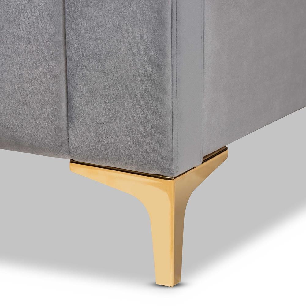 Nami Modern Contemporary Glam and Luxe Light Grey Velvet Fabric Upholstered and Gold Finished Queen Size Platform Bed FredCo