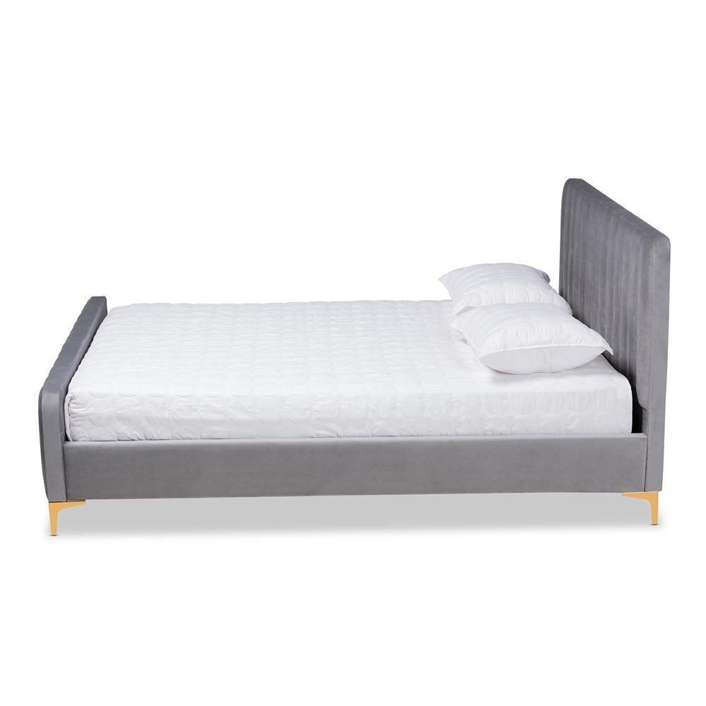 Nami Modern Contemporary Glam and Luxe Light Grey Velvet Fabric Upholstered and Gold Finished Queen Size Platform Bed FredCo