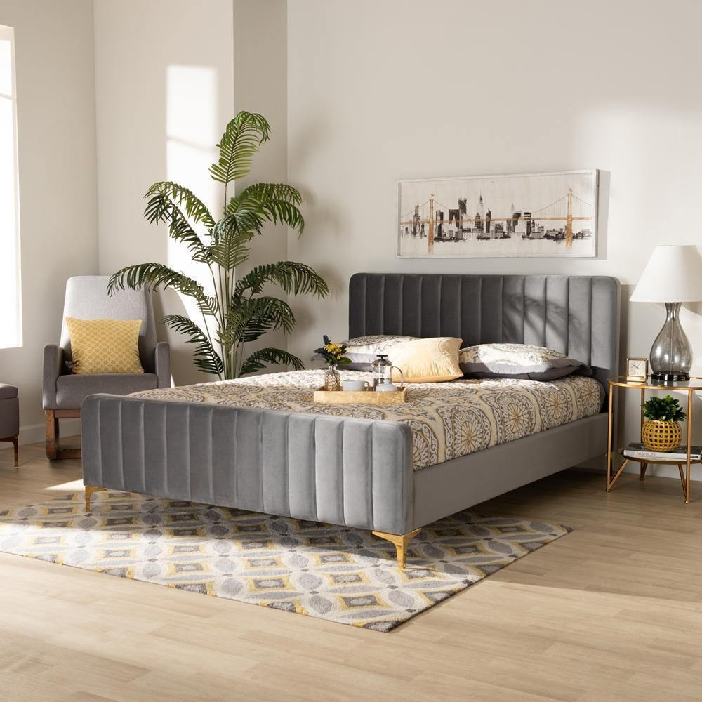 Nami Modern Contemporary Glam and Luxe Light Grey Velvet Fabric Upholstered and Gold Finished Queen Size Platform Bed FredCo