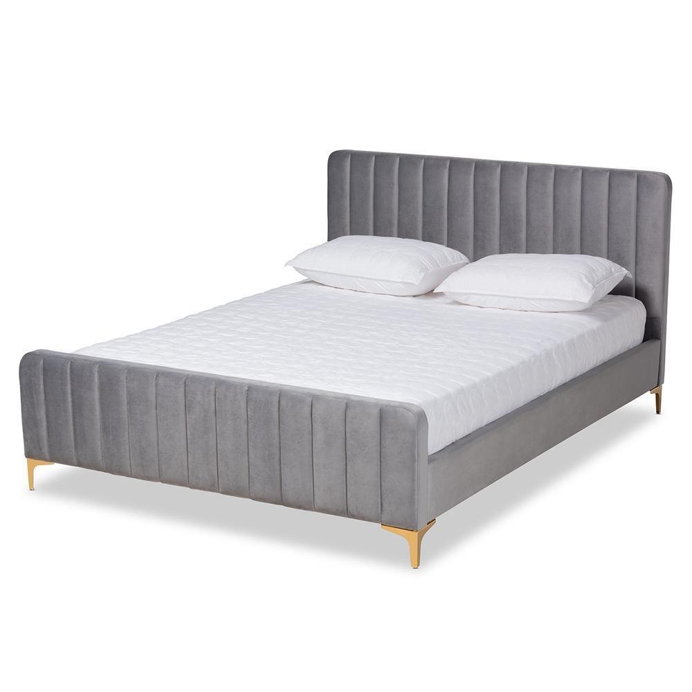 Nami Modern Contemporary Glam and Luxe Light Grey Velvet Fabric Upholstered and Gold Finished Queen Size Platform Bed FredCo