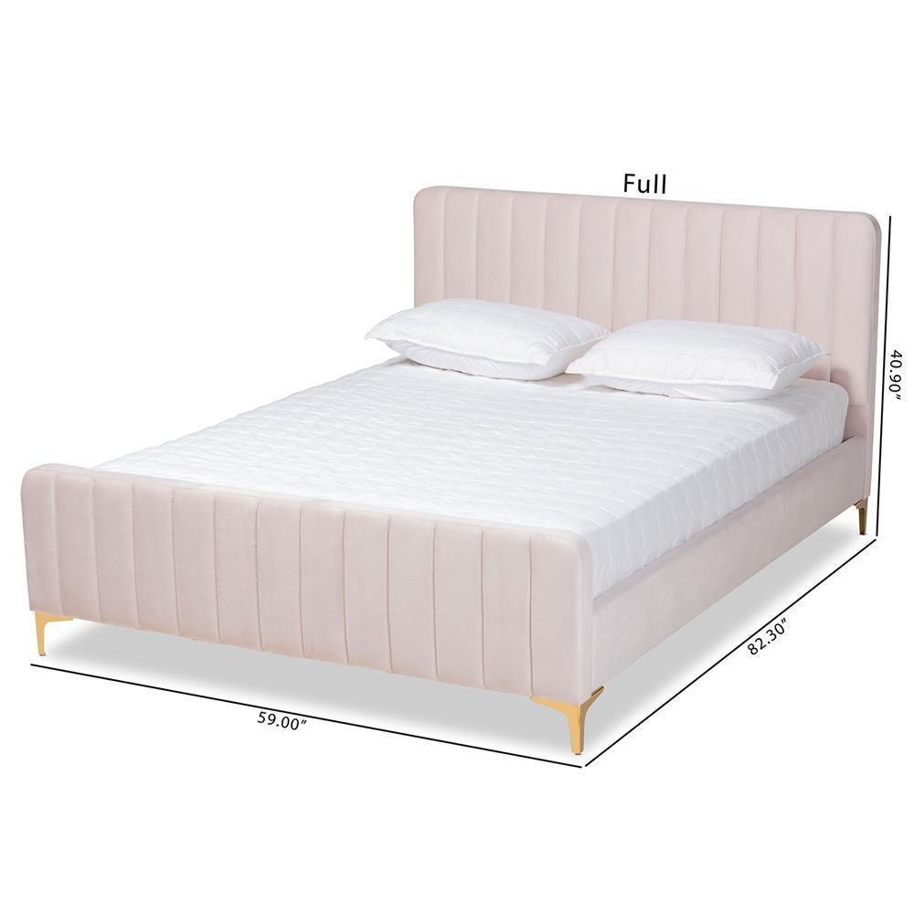 Nami Modern Contemporary Glam and Luxe Light Pink Velvet Fabric Upholstered and Gold Finished Queen Size Platform Bed FredCo
