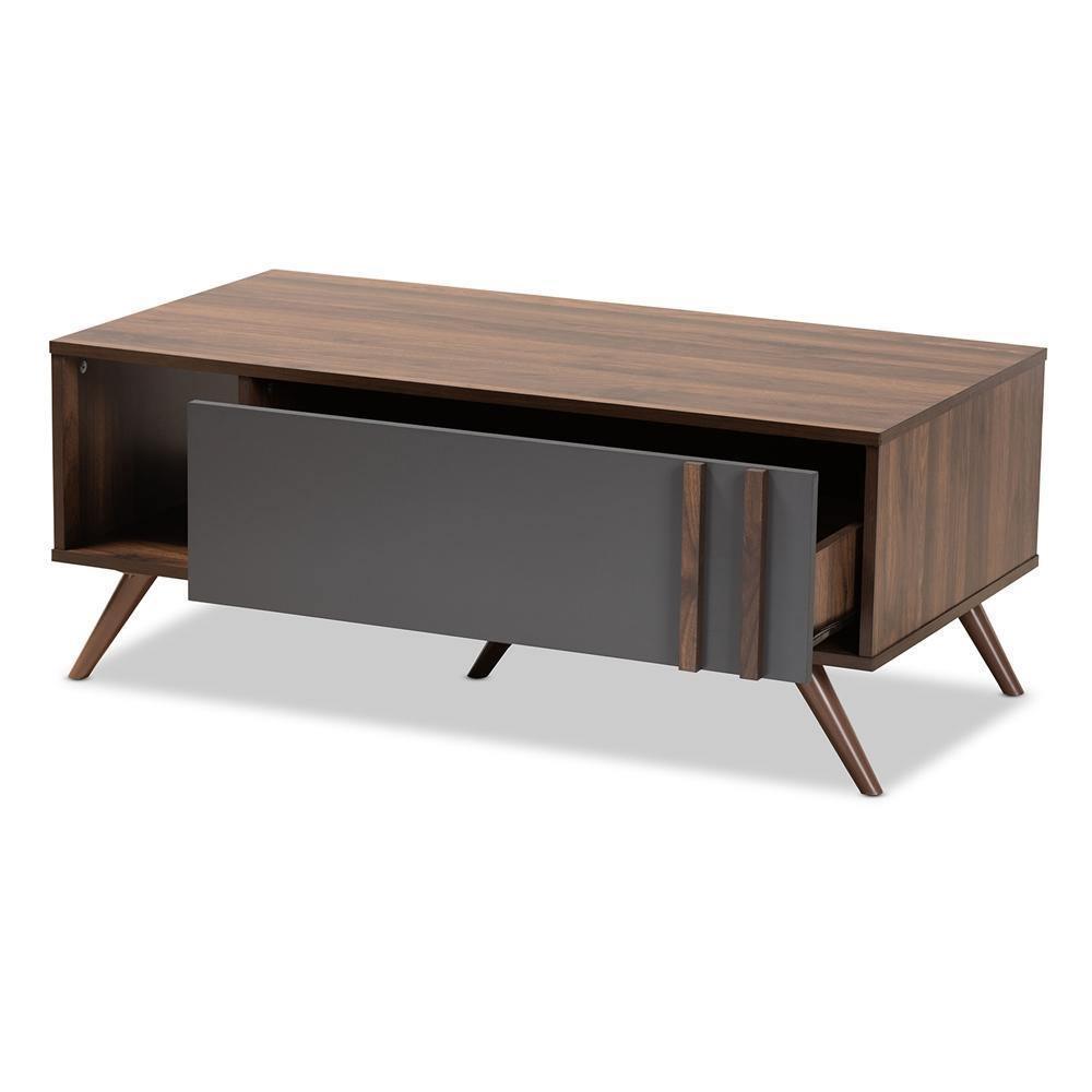 Naoki Modern and Contemporary Two-Tone Grey and Walnut Finished Wood 1-Drawer Coffee Table FredCo