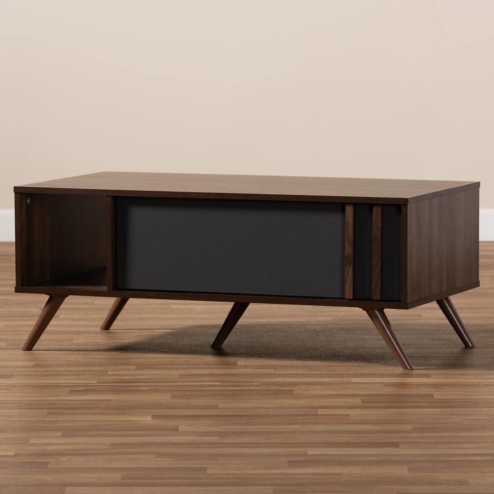 Naoki Modern and Contemporary Two-Tone Grey and Walnut Finished Wood 1-Drawer Coffee Table FredCo