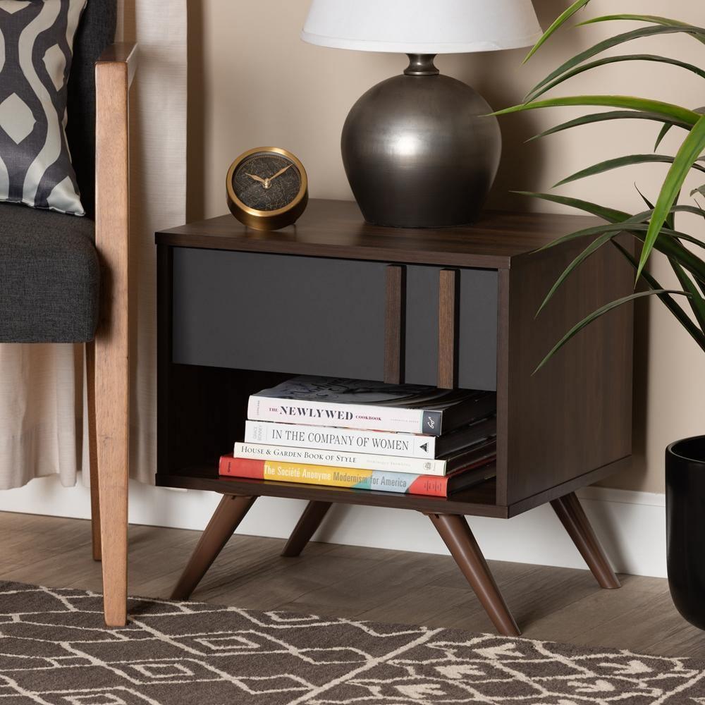 Naoki Modern and Contemporary Two-Tone Grey and Walnut Finished Wood 1-Drawer Nightstand FredCo