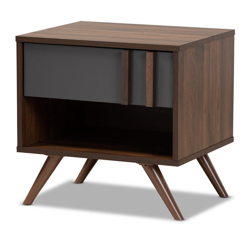 Naoki Modern and Contemporary Two-Tone Grey and Walnut Finished Wood 1-Drawer Nightstand FredCo