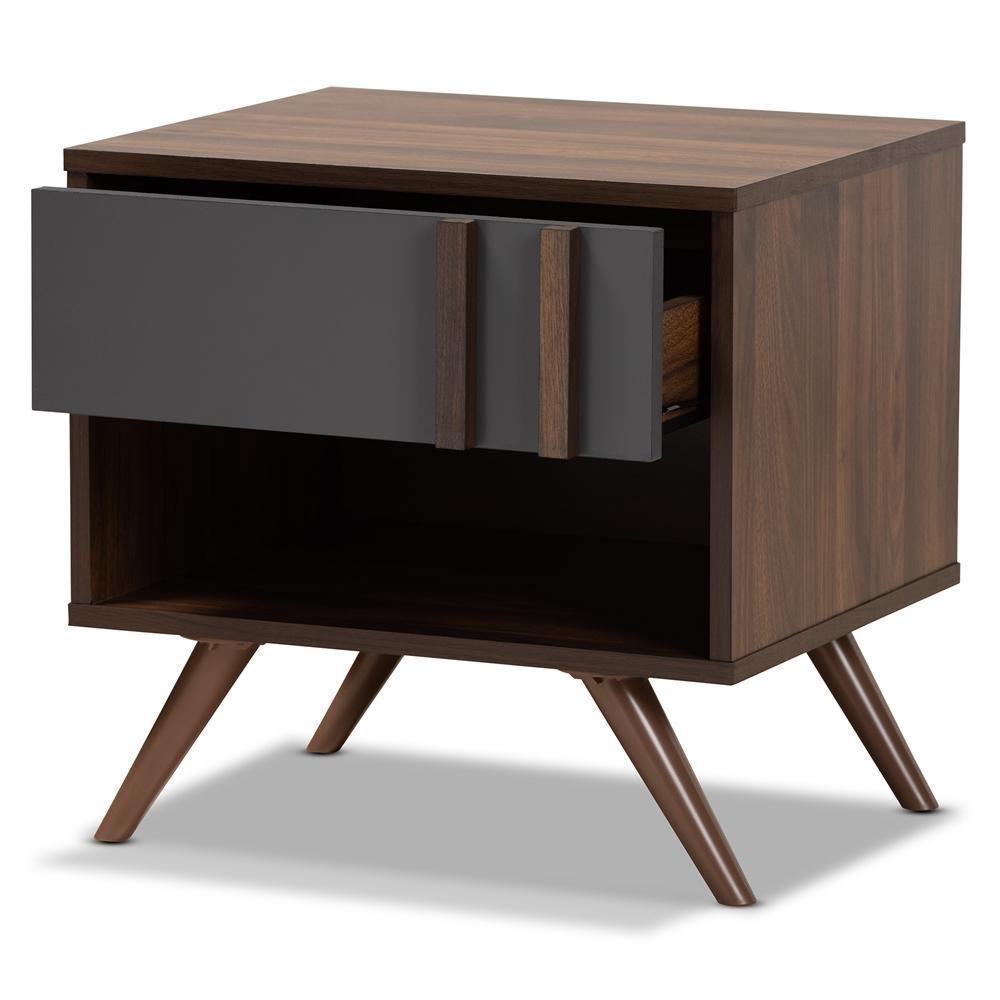 Naoki Modern and Contemporary Two-Tone Grey and Walnut Finished Wood 1-Drawer Nightstand FredCo