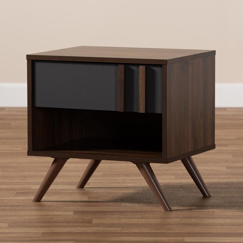 Naoki Modern and Contemporary Two-Tone Grey and Walnut Finished Wood 1-Drawer Nightstand FredCo